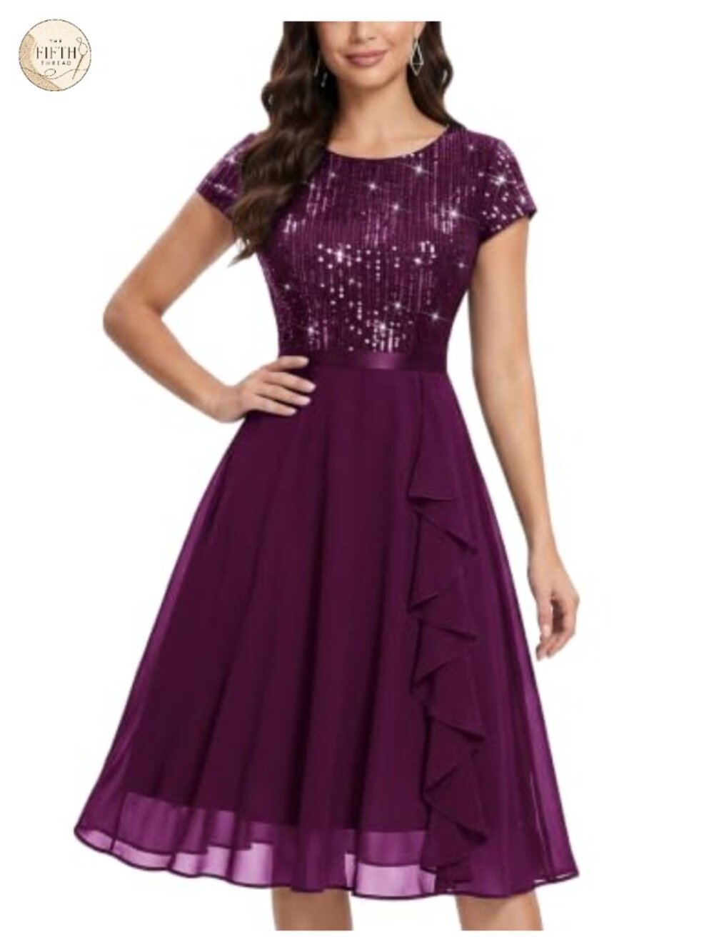 Elegant Sequin Ruffle Cocktail Prom Dress A-Line Scoop Neck Knee Length